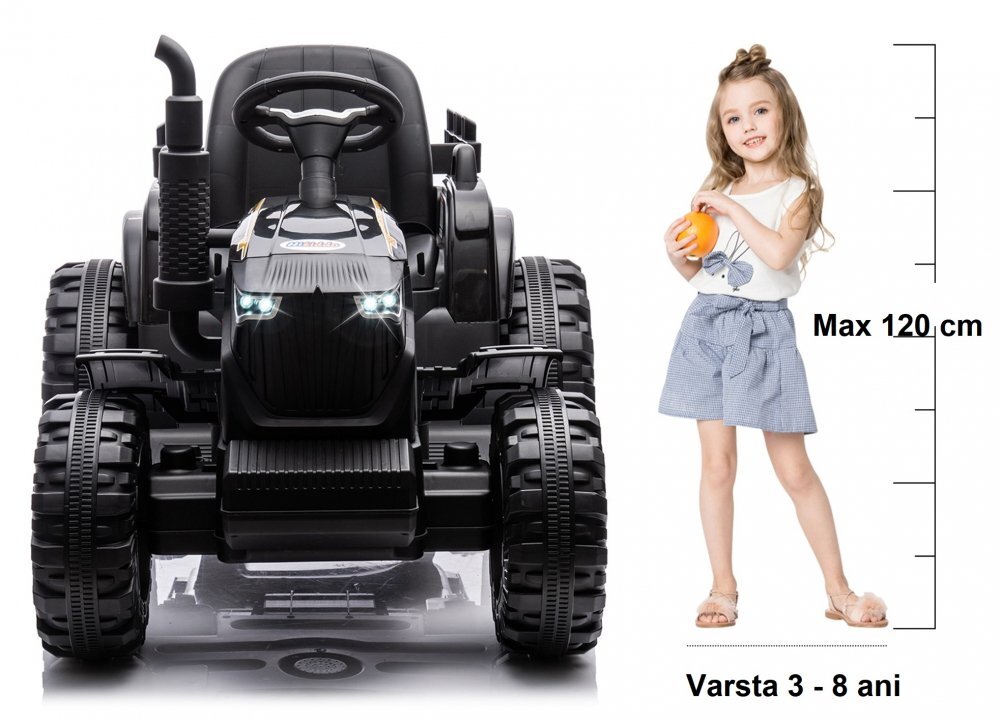 Nichiduta Tractor electric pentru copii Agriculture Black 12V 80W cu telecomanda pornire la buton Mp3 Usb si remorca detasabila