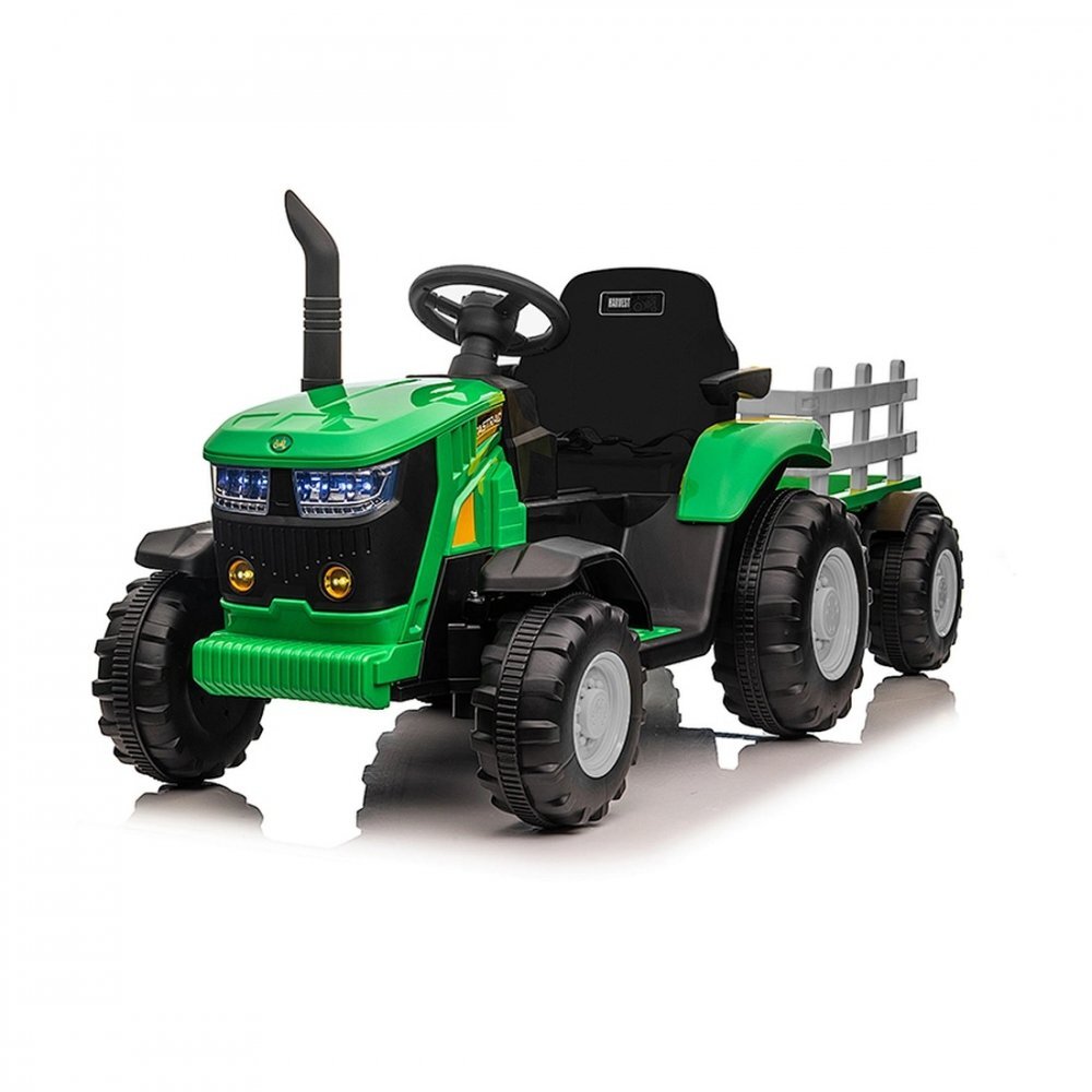 Nichiduta Tractor electric pentru copii Track Green 90W cu telecomanda 2.5G Acumulator 12V Remorca detasabila Centura siguranta Faruri cu lumini LED Suneteslot card Roti late din plastic rezistent cu aparatori noroi