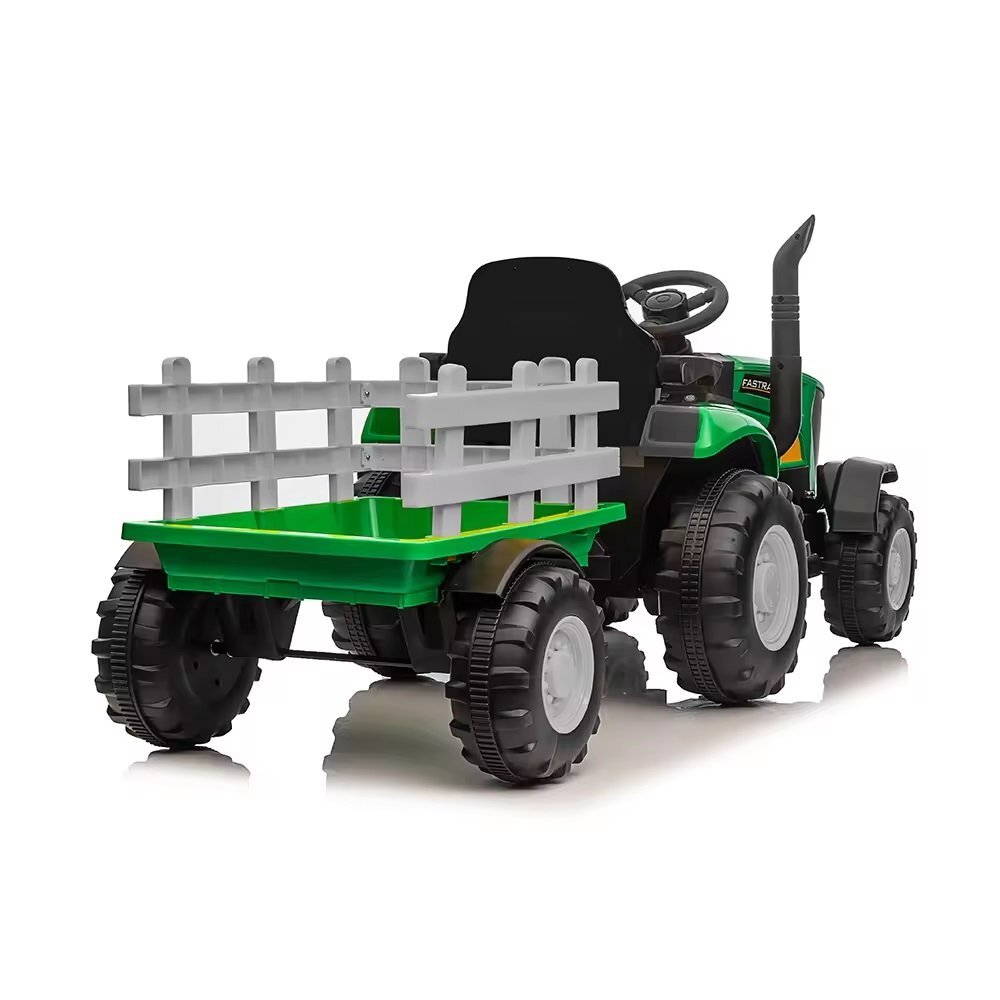 Nichiduta Tractor electric pentru copii Track Green 90W cu telecomanda 2.5G Acumulator 12V Remorca detasabila Centura siguranta Faruri cu lumini LED Suneteslot card Roti late din plastic rezistent cu aparatori noroi