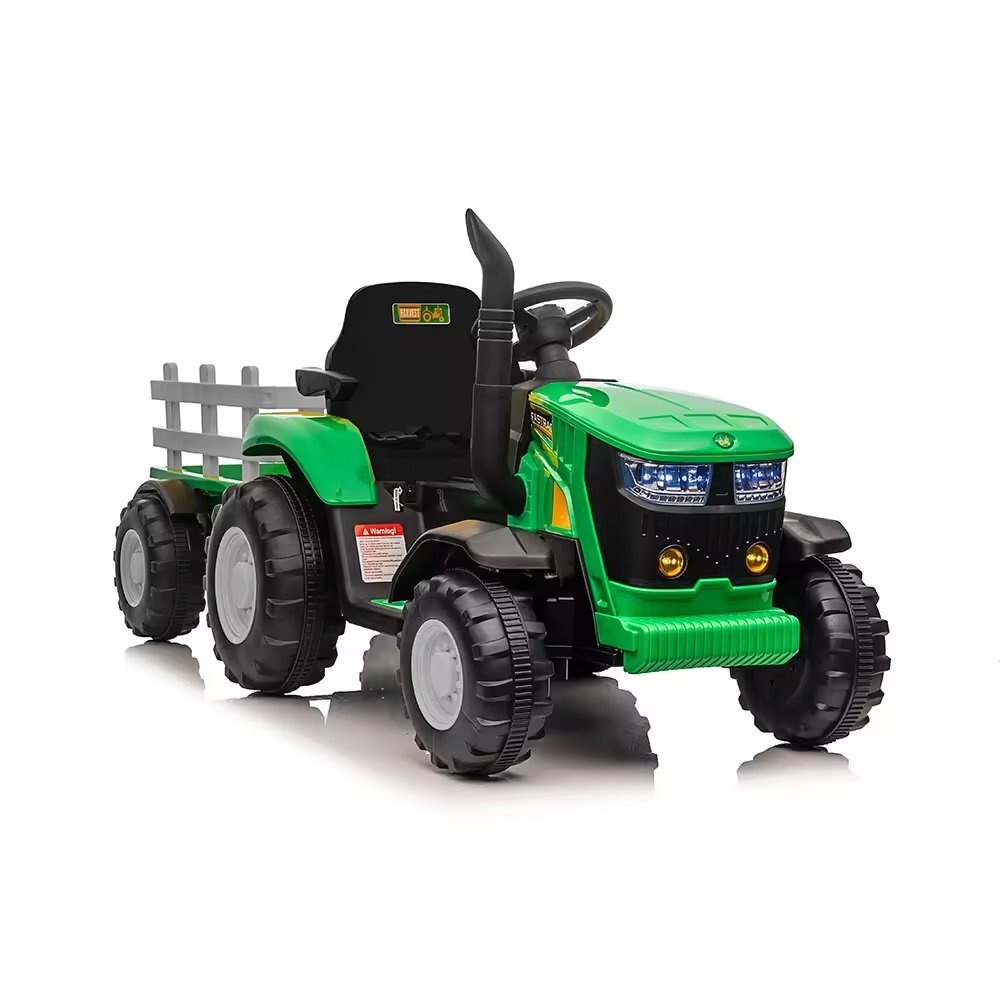 Nichiduta Tractor electric pentru copii Track Green 90W cu telecomanda 2.5G Acumulator 12V Remorca detasabila Centura siguranta Faruri cu lumini LED Suneteslot card Roti late din plastic rezistent cu aparatori noroi