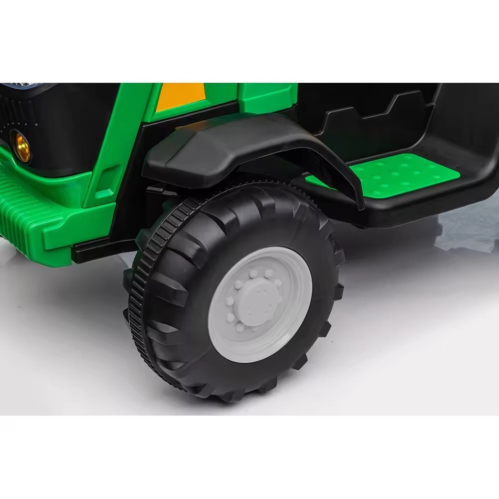Nichiduta Tractor electric pentru copii Track Green 90W cu telecomanda 2.5G Acumulator 12V Remorca detasabila Centura siguranta Faruri cu lumini LED Suneteslot card Roti late din plastic rezistent cu aparatori noroi