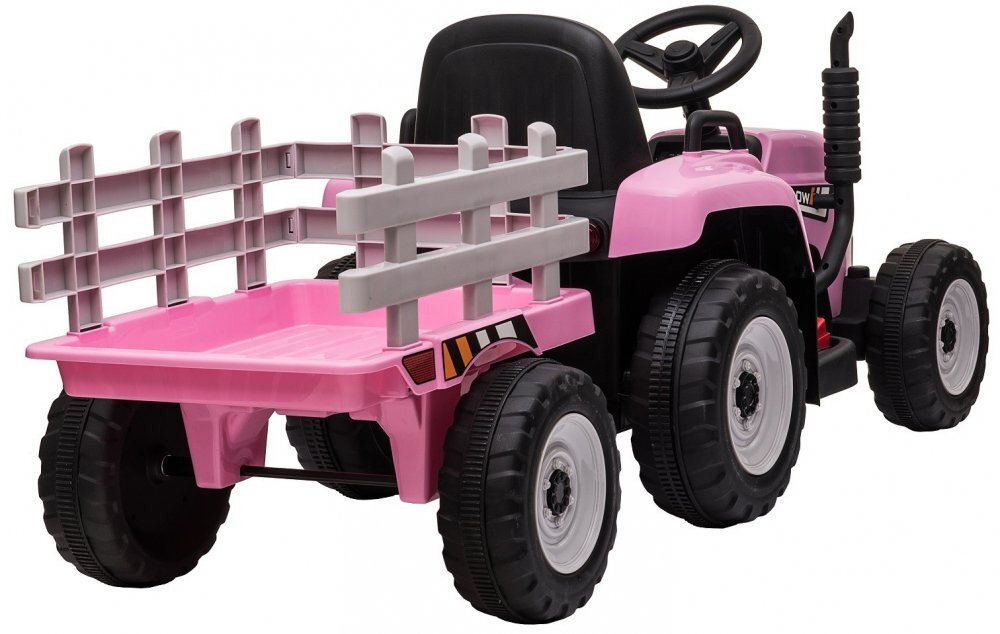 Nichiduta Tractor electric pentru copii Track Pink 90W cu telecomanda 2.5G Acumulator 12V Remorca detasabila Centura siguranta Faruri cu lumini LED Suneteslot card Roti late din plastic rezistent cu aparatori noroi