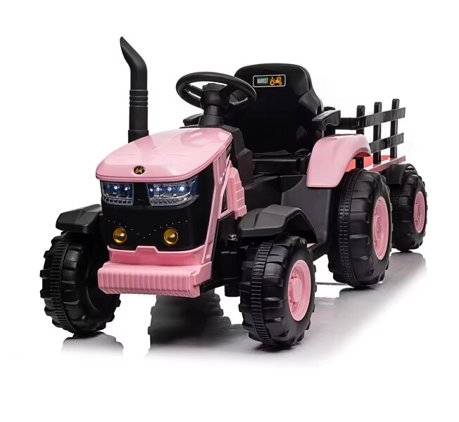 Nichiduta Tractor electric pentru copii Track Pink 90W cu telecomanda 2.5G Acumulator 12V Remorca detasabila Centura siguranta Faruri cu lumini LED Suneteslot card Roti late din plastic rezistent cu aparatori noroi