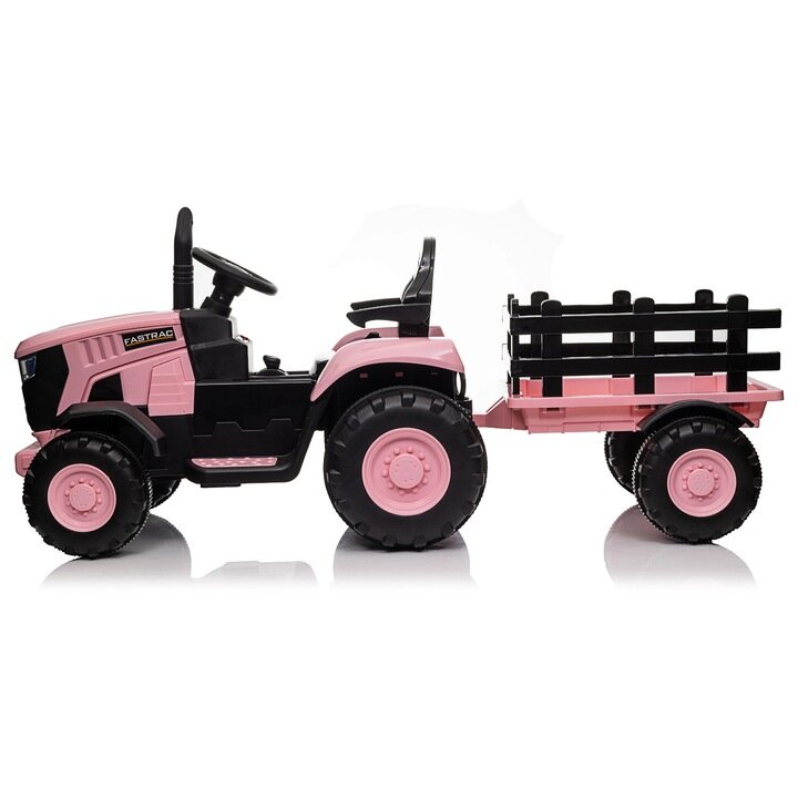 Nichiduta Tractor electric pentru copii Track Pink 90W cu telecomanda 2.5G Acumulator 12V Remorca detasabila Centura siguranta Faruri cu lumini LED Suneteslot card Roti late din plastic rezistent cu aparatori noroi