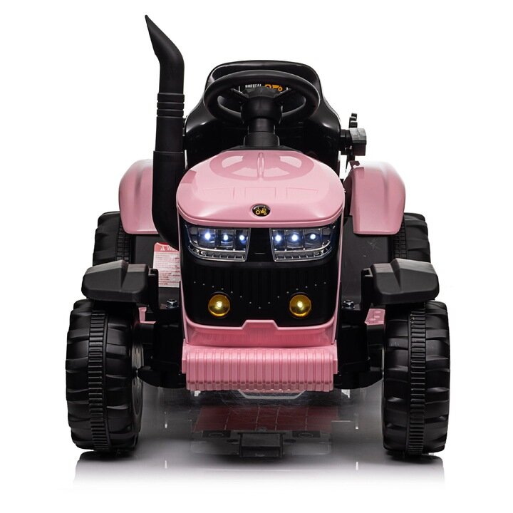 Nichiduta Tractor electric pentru copii Track Pink 90W cu telecomanda 2.5G Acumulator 12V Remorca detasabila Centura siguranta Faruri cu lumini LED Suneteslot card Roti late din plastic rezistent cu aparatori noroi