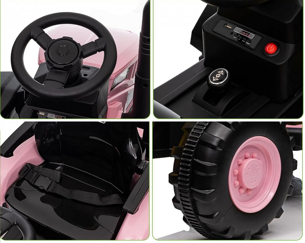 Nichiduta Tractor electric pentru copii Track Pink 90W cu telecomanda 2.5G Acumulator 12V Remorca detasabila Centura siguranta Faruri cu lumini LED Suneteslot card Roti late din plastic rezistent cu aparatori noroi