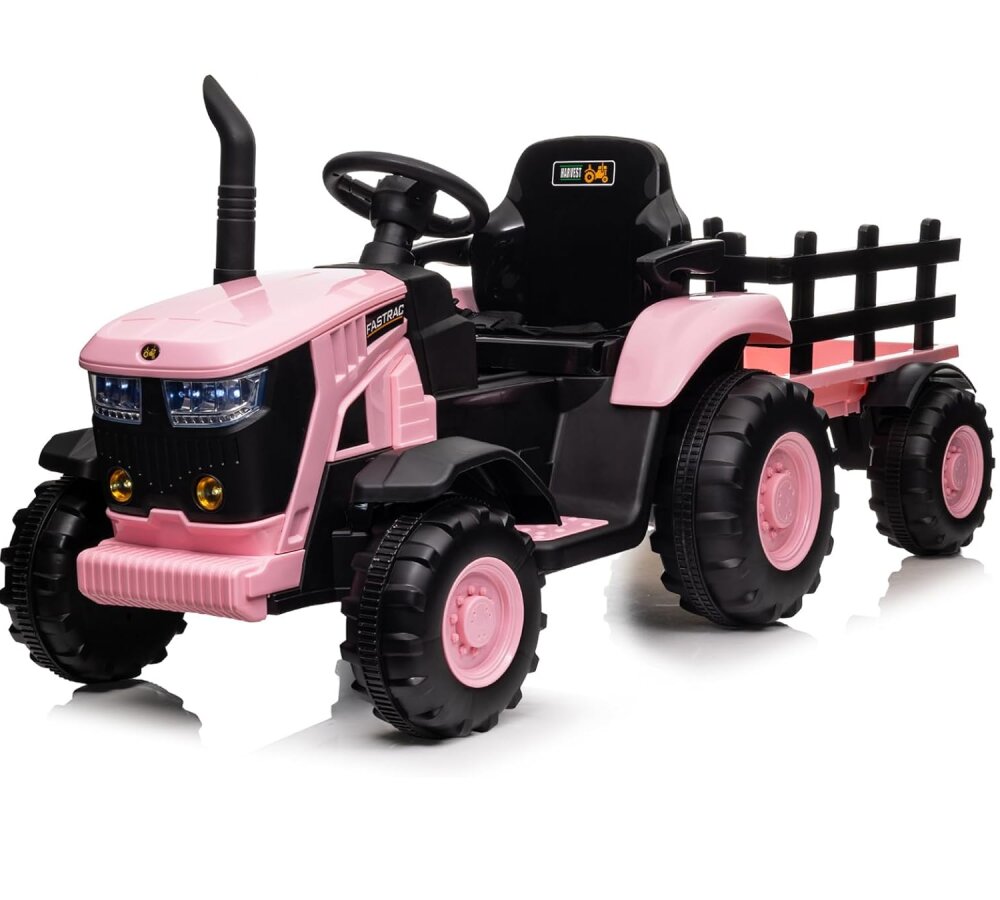 Nichiduta Tractor electric pentru copii Track Pink 90W cu telecomanda 2.5G Acumulator 12V Remorca detasabila Centura siguranta Faruri cu lumini LED Suneteslot card Roti late din plastic rezistent cu aparatori noroi