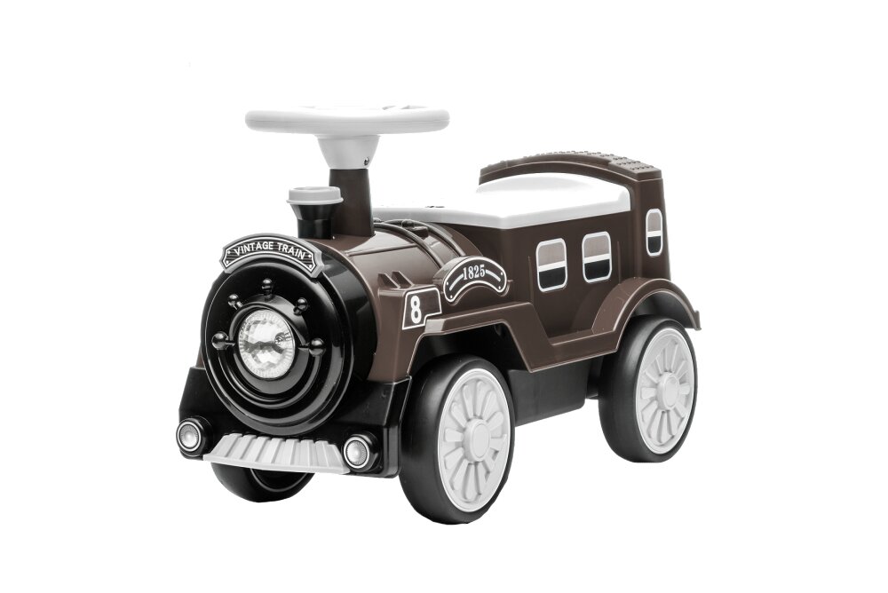 Nichiduta Trenulet fara pedale pentru copii Vintage Train Brown cu spatiu de depozitare sub scaun recomandat copiilor peste 2 ani