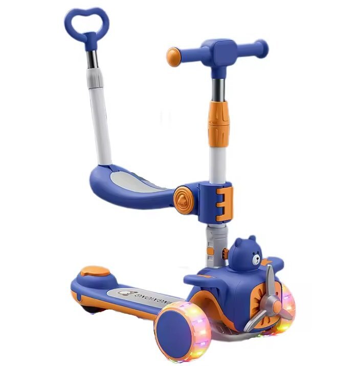 Nichiduta Trotineta 3 in 1 pentru copii pliabila cu ghidon reglabil manerele ergonomice muzica roti silentioase din PU cu lumini LED echipata cu scaunel si maner parental dimensiune 59 x 30 x 73cm Blue Bear