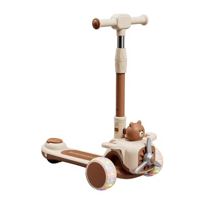 Nichiduta Trotineta pentru copii pliabila cu Muzica si roti silentioase din PU cu lumini Led ghidon reglabil pe inaltime manere ergonomice elice rotativa dimensiune 59 x 30 x 73 cm Curry Bear