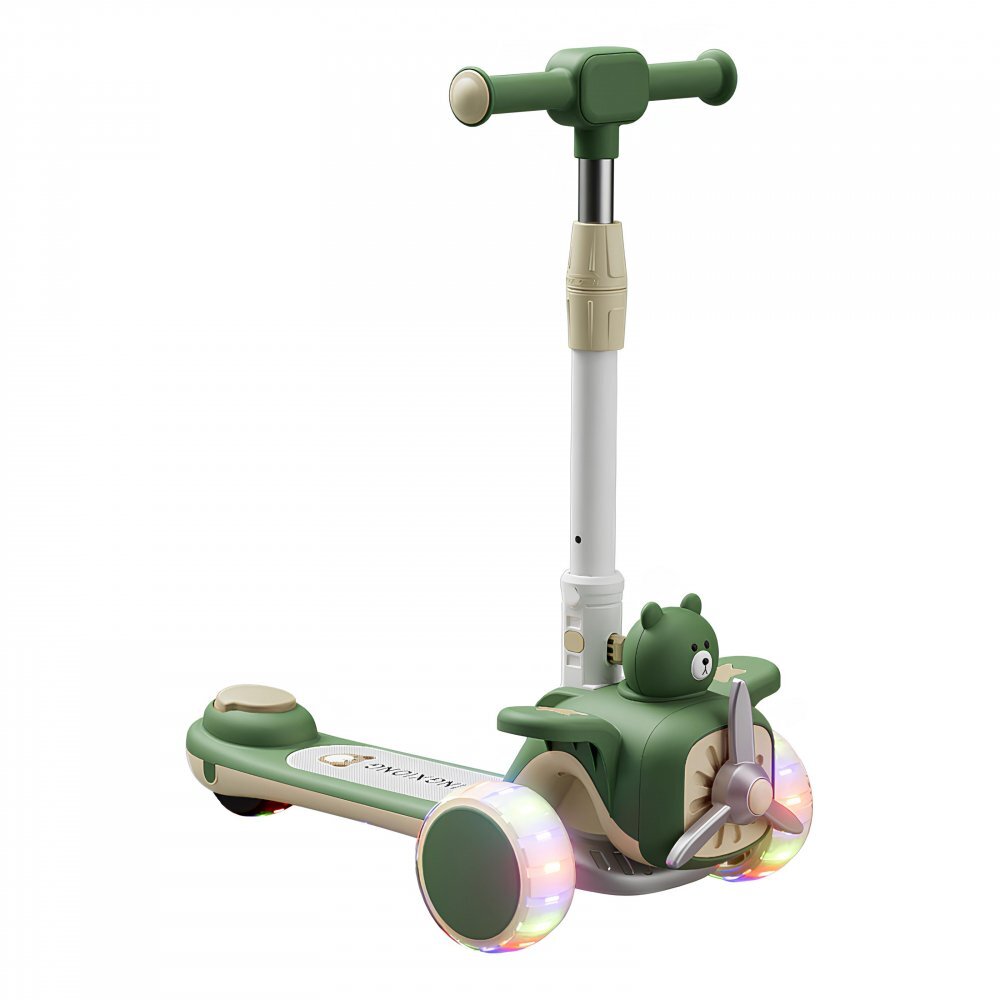 Nichiduta Trotineta pentru copii pliabila cu Muzica si roti silentioase din PU cu lumini Led ghidon reglabil pe inaltime manere ergonomice elice rotativa dimensiune 59 x 30 x 73 cm Green Bear