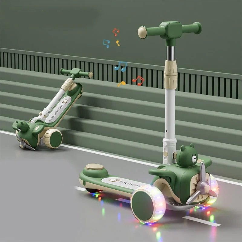 Nichiduta Trotineta pentru copii pliabila cu Muzica si roti silentioase din PU cu lumini Led ghidon reglabil pe inaltime manere ergonomice elice rotativa dimensiune 59 x 30 x 73 cm Green Bear