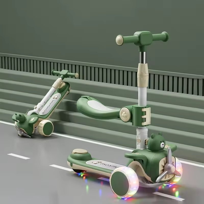 Nichiduta Trotineta pentru copii TeddyRide 3 in 1 pliabila cu scaunel si maner parental cu ghidon reglabil manerele ergonomice muzica roti silentioase din PU cu lumini LED dimensiune 59 x 30 x 73cm Green