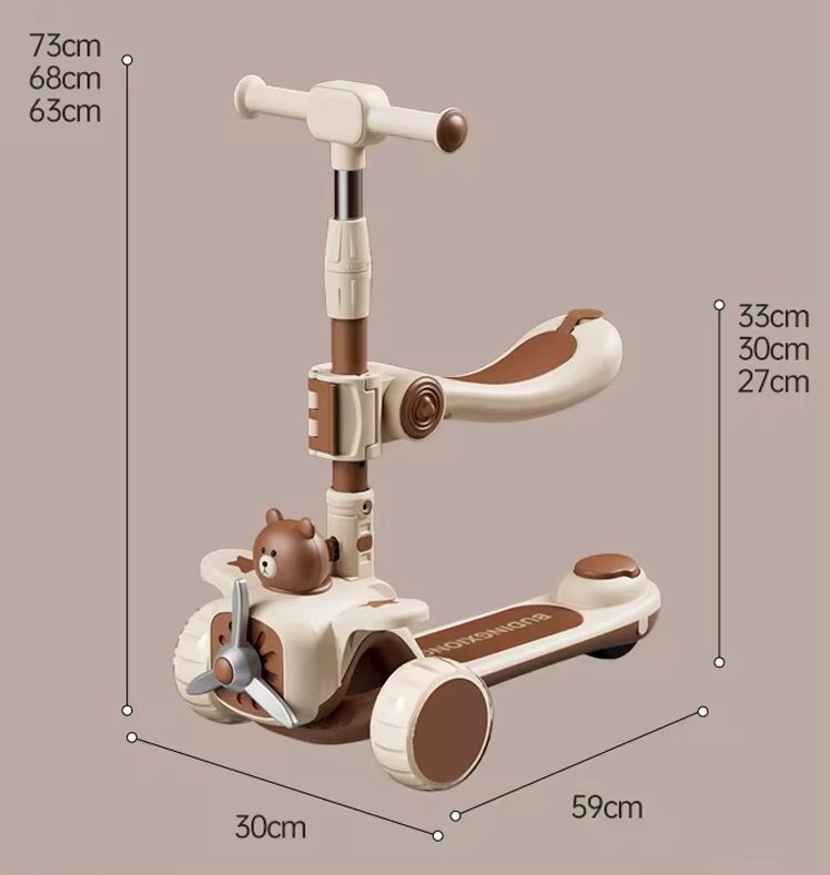 Nichiduta Trotineta pentru copii TeddyRide 3 in 1 pliabila cu scaunel si maner parental cu ghidon reglabil manerele ergonomice muzica roti silentioase din PU cu lumini LED dimensiune 59 x 30 x 73cm Green