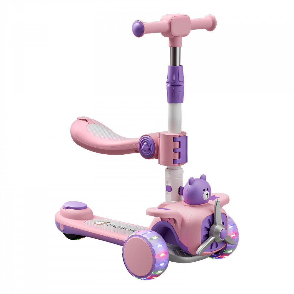 Nichiduta Trotineta pentru copii TeddyRide 3 in 1 pliabila cu scaunel si maner parental cu ghidon reglabil manerele ergonomice muzica roti silentioase din PU cu lumini LED dimensiune 59 x 30 x 73cm Purple