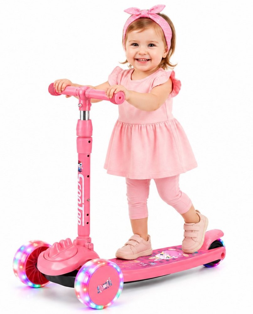 Nichiduta Trotineta pliabila pentru copii Dino pink manere ergonomice ghidon reglabil frana pe roata din spate roti silentioase din PU cu lumini