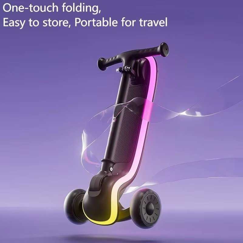 Nichiduta Trotineta pliabila pentru copii Magic Ride Black cu lumini LED ghidon reglabil pe inaltime manere ergonomice frana pe roata din spate roti silentioase dimensiune 60 x 84 cm