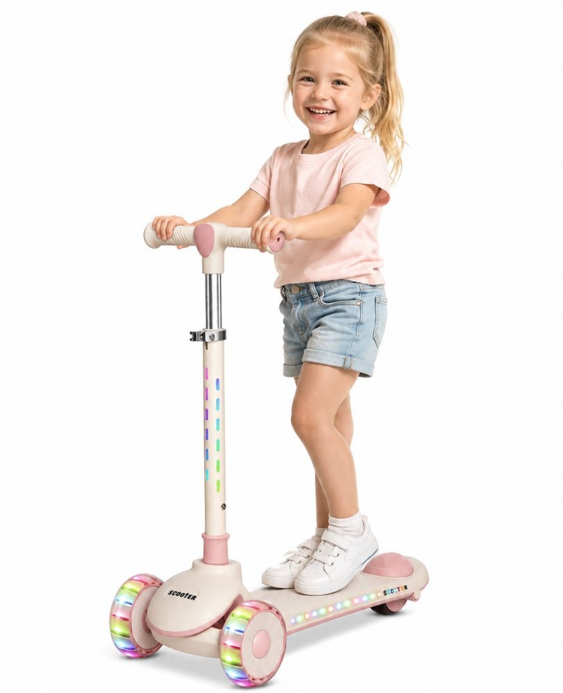 Nichiduta Trotineta pliabila pentru copii Rainbow Rider Pink cu functii muzicale si lumini LED ghidon reglabil manere ergonomice frana pe roata din spate dimensiune 60 x 84 cm
