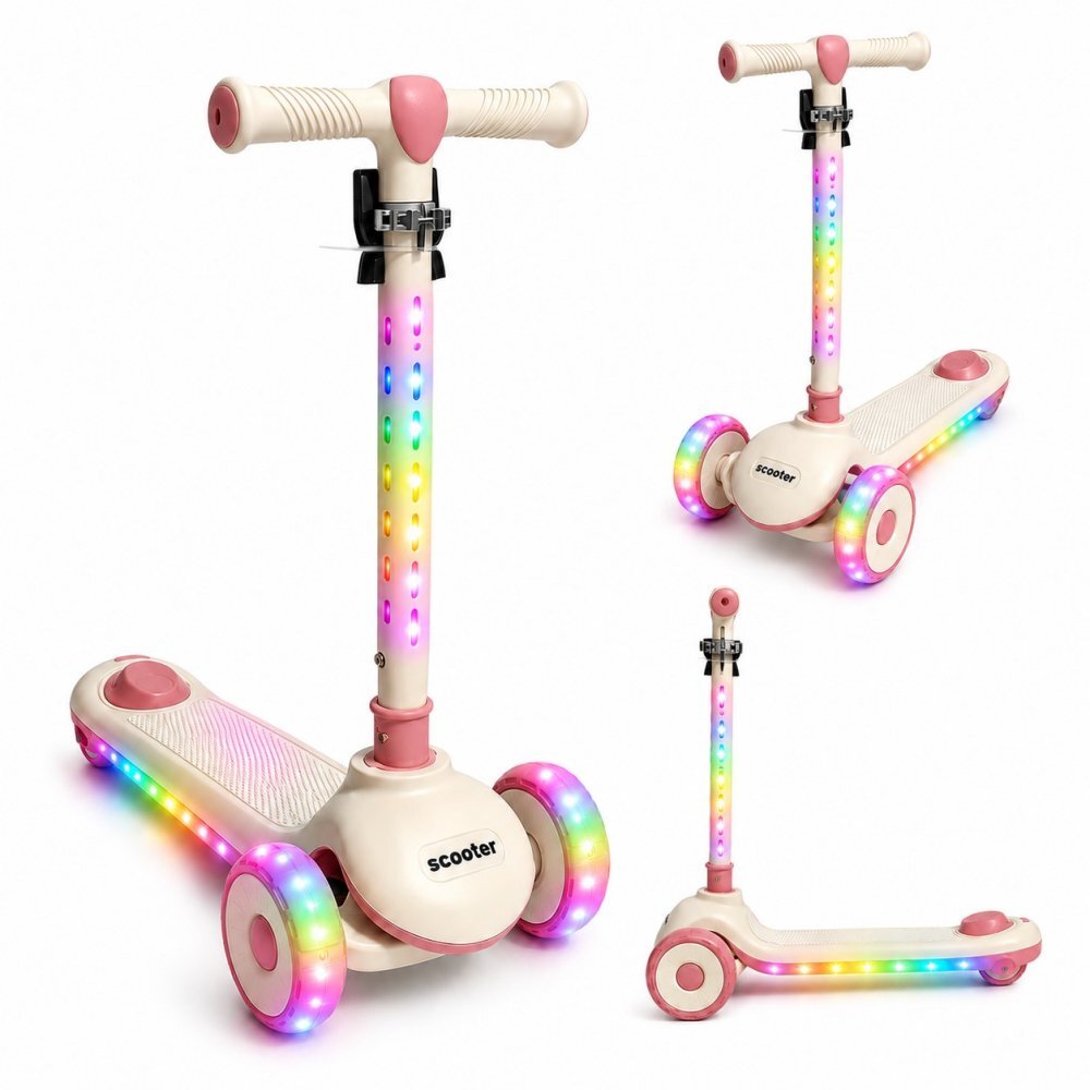 Nichiduta Trotineta pliabila pentru copii Rainbow Rider Pink cu functii muzicale si lumini LED ghidon reglabil manere ergonomice frana pe roata din spate dimensiune 60 x 84 cm
