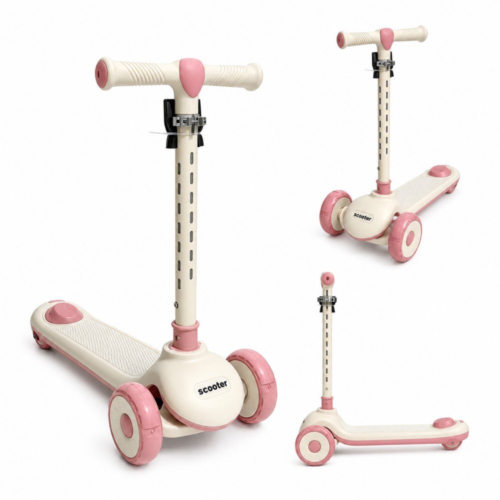 Nichiduta Trotineta pliabila pentru copii Rainbow Rider Pink cu functii muzicale si lumini LED ghidon reglabil manere ergonomice frana pe roata din spate dimensiune 60 x 84 cm