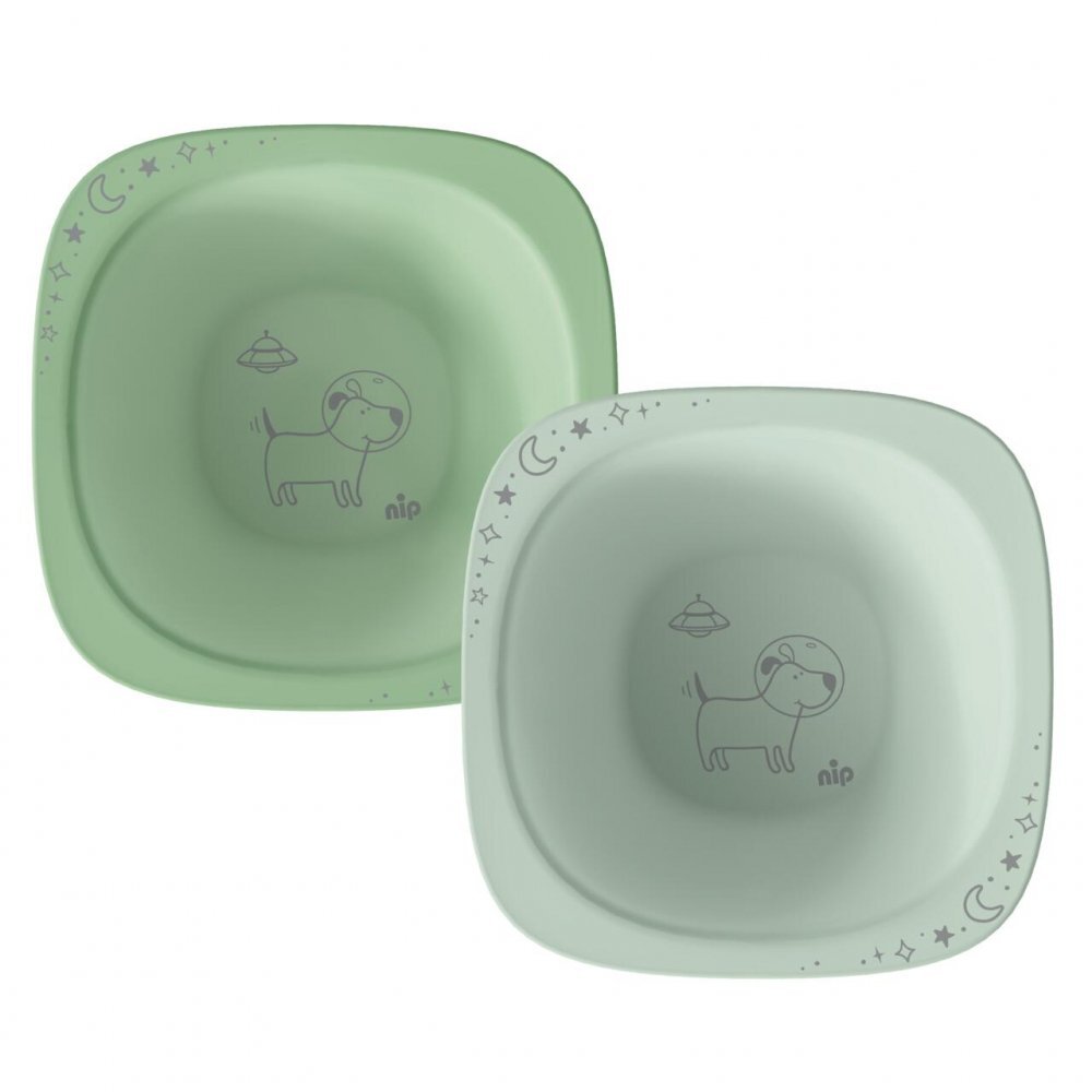NIP Set 2 castroane pentru mancarea copiilor cu motive gravate laser din materiale naturale regenerabile fara BPA fara melamina lavabile in masina de spalat vase Made in Germany 4+ luni verde