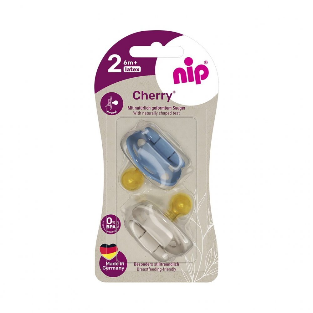 NIP Set 2 suzete Cherry Boy cu tetina rotunda din latex natural 6+ luni