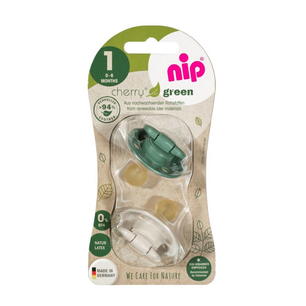 NIP Set 2 suzete Cherry Green Boy cu tetina din latex natural forma rotunda 0-6 luni 38589