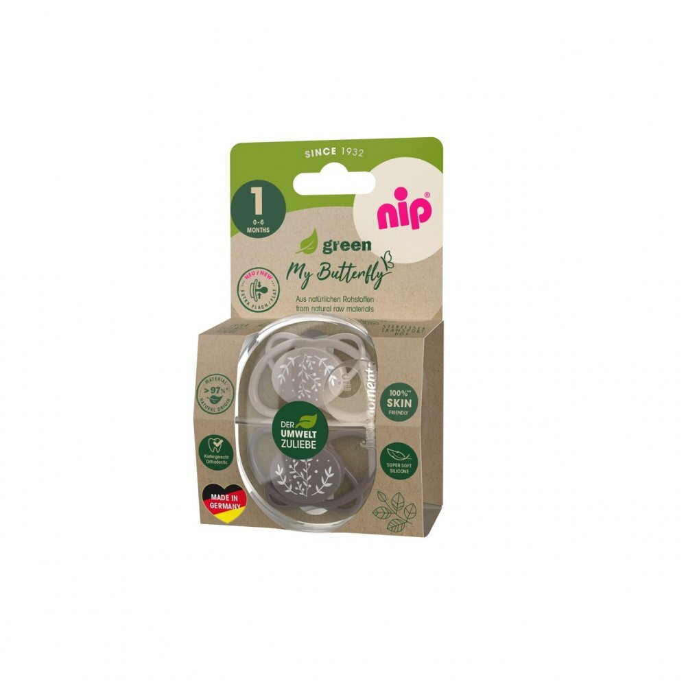 NIP Set 2 suzete My Butterfly cu tetina ortodontica din silicon forma simetrica din materiale naturale regenerabile fara BPA cutie de transport si sterilizare maro 0-6 luni