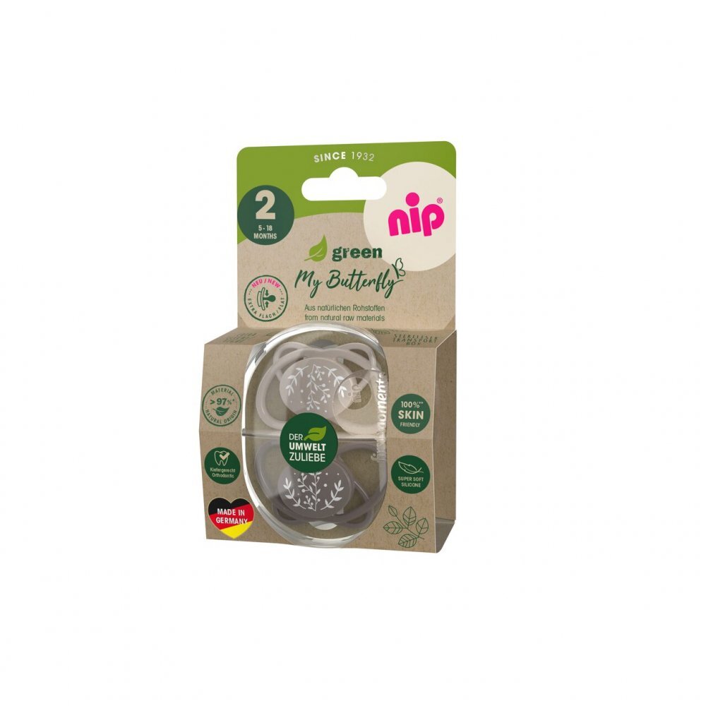 NIP Set 2 suzete My Butterfly cu tetina ortodontica din silicon forma simetrica din materiale naturale regenerabile fara BPA cutie de transport si sterilizare maro 5-18 luni