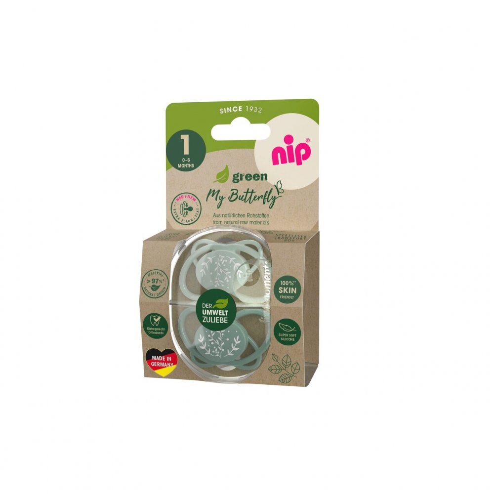 NIP Set 2 suzete My Butterfly cu tetina ortodontica din silicon forma simetrica din materiale naturale regenerabile fara BPA cutie de transport si sterilizare verde 0-6 luni