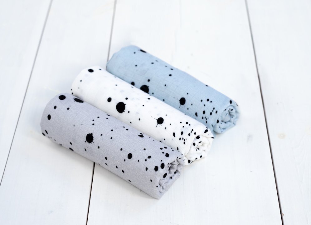 Nor Pufos Set 3 Museline din bambus Dots AlbastruAlbGri Sleepee