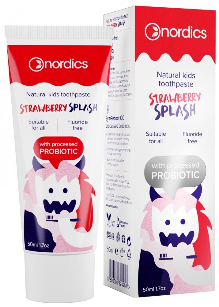 Nordics Pasta de dinti naturala pentru copii cu capsuni si probiotice 50 ml