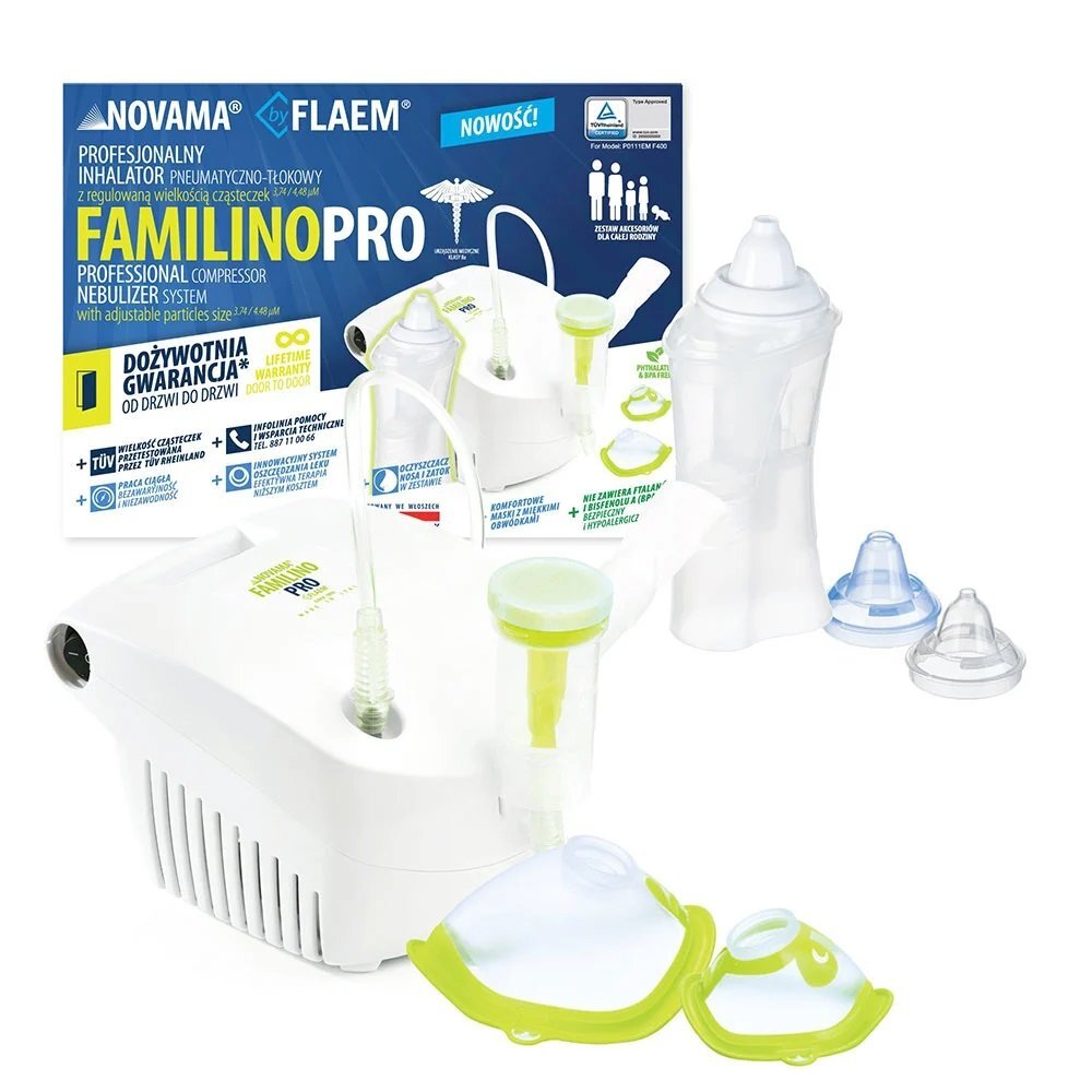 NOVAMA Aparat aerosoli Familino Pro by Flaem Irigator nazal Rhino Clear Ergo masca copii si adulti alb
