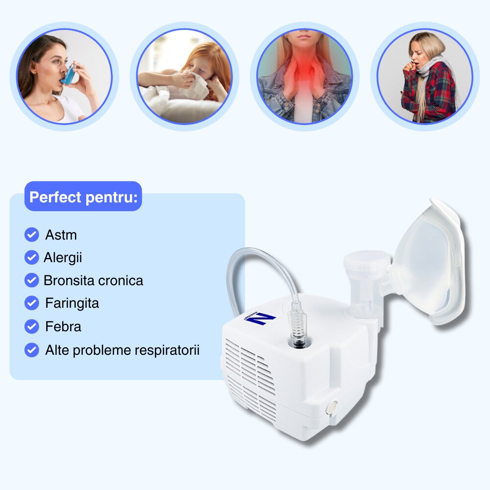 NOVAMA Aparat de aerosoli N nebulizator cu compresor functionare continua sistem de economisire a medicamentului fabricat fara bisfenol si ftalati cu masca pentru copii si adulti SoftTouch si mustiuc