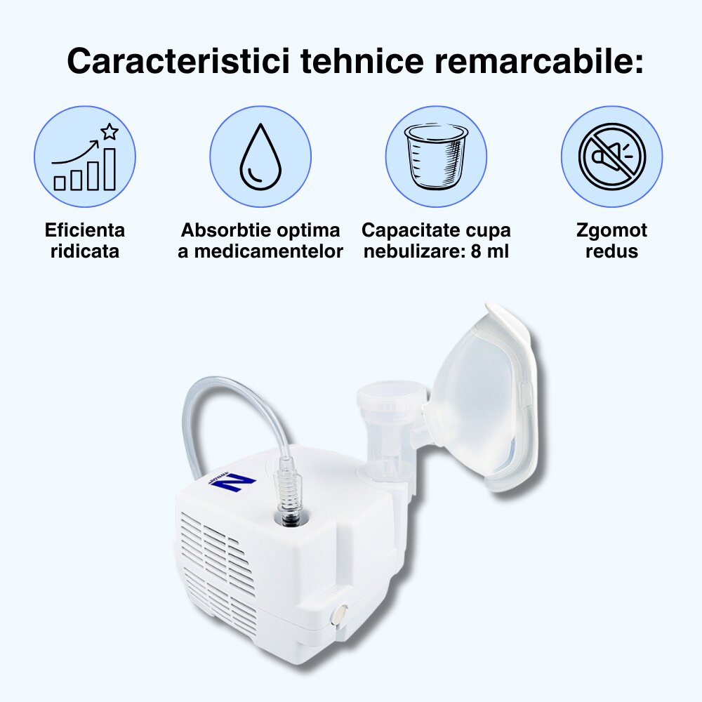NOVAMA Aparat de aerosoli N nebulizator cu compresor functionare continua sistem de economisire a medicamentului fabricat fara bisfenol si ftalati cu masca pentru copii si adulti SoftTouch si mustiuc