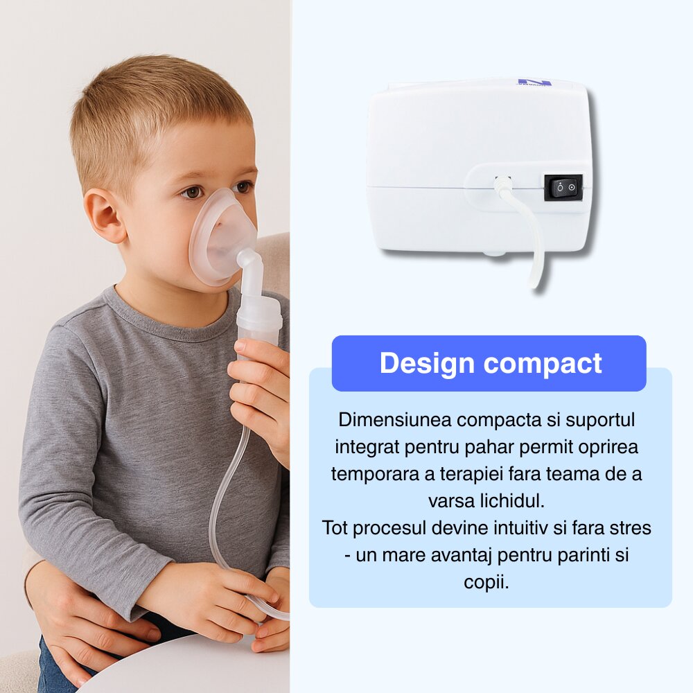 NOVAMA Aparat de aerosoli N nebulizator cu compresor functionare continua sistem de economisire a medicamentului fabricat fara bisfenol si ftalati cu masca pentru copii si adulti SoftTouch si mustiuc