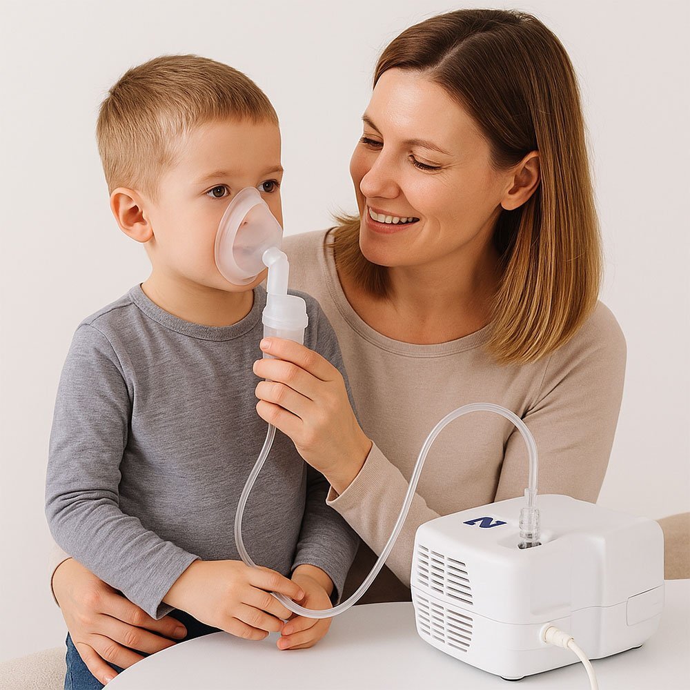 NOVAMA Aparat de aerosoli N nebulizator cu compresor functionare continua sistem de economisire a medicamentului fabricat fara bisfenol si ftalati cu masca pentru copii si adulti SoftTouch si mustiuc