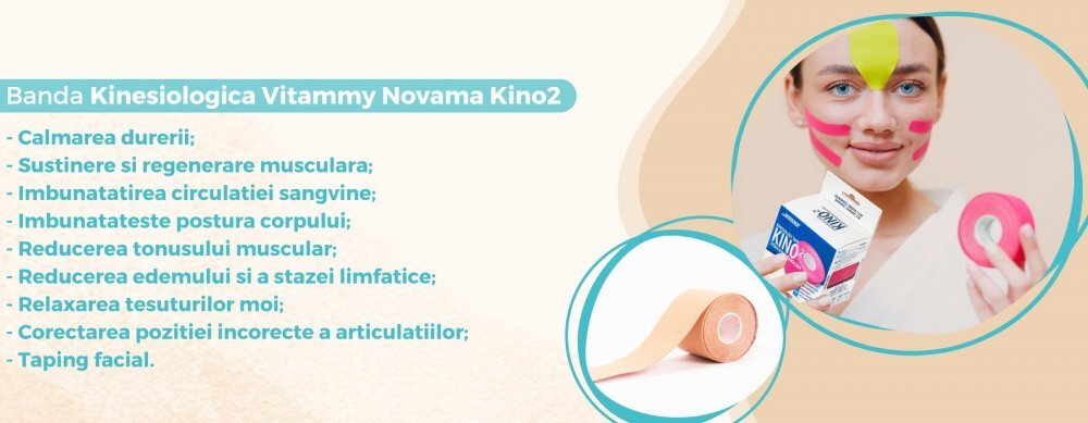 NOVAMA Banda Kinesiologica Kino2 impermeabila moale si confortabila fara latex 5 cm x 5 m bleu