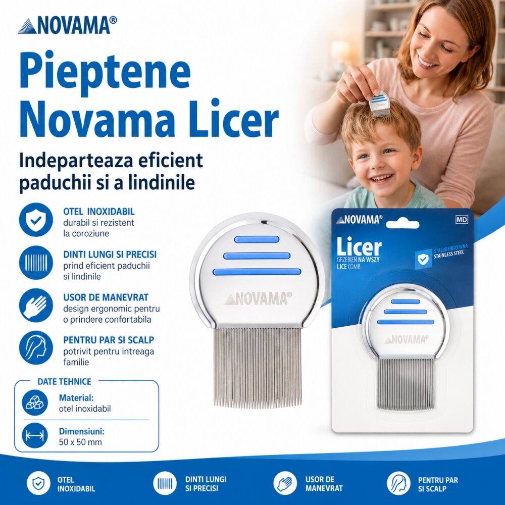 NOVAMA Pieptene Licer pentru indepartarea paduchilor si a lindinilor din otel inoxidabil dinti lungi 50 x 50 mm