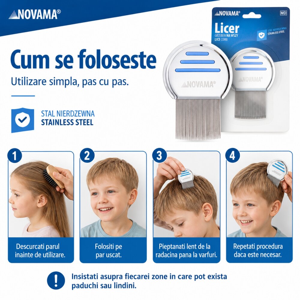 NOVAMA Pieptene Licer pentru indepartarea paduchilor si a lindinilor din otel inoxidabil dinti lungi 50 x 50 mm
