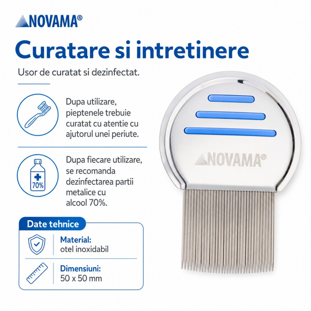 NOVAMA Pieptene Licer pentru indepartarea paduchilor si a lindinilor din otel inoxidabil dinti lungi 50 x 50 mm