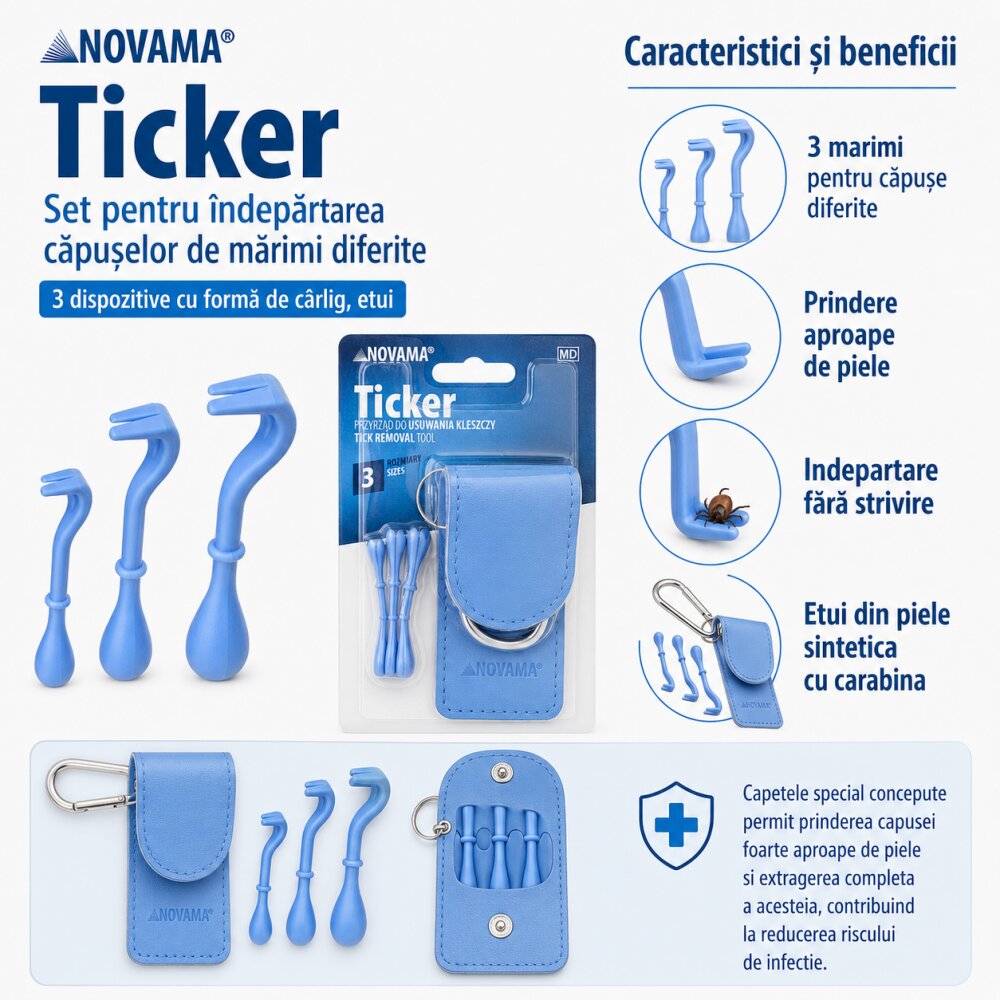 NOVAMA Set Ticker pentru indepartarea capuselor de marimi diferite 3 dispozitive cu forma de carlig etui