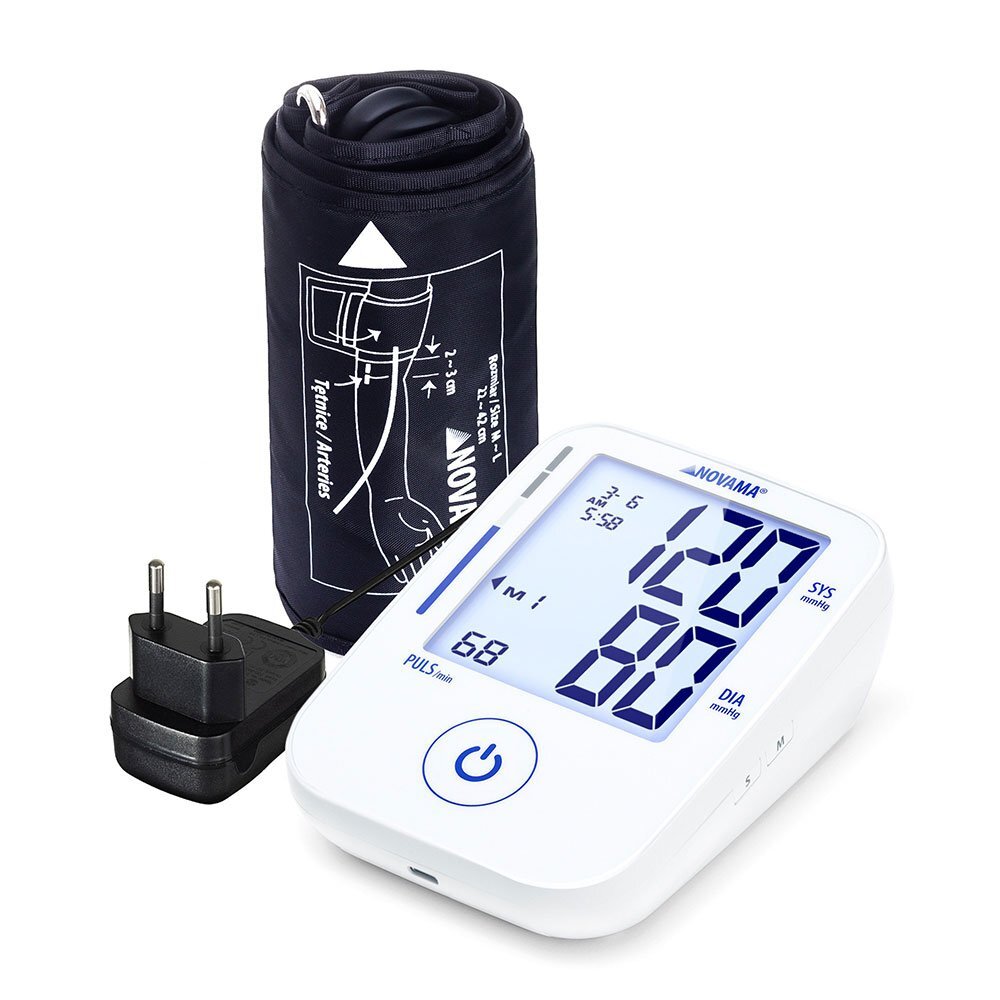 NOVAMA Tensiometru electronic de brat Prime+ White masurare in timpul umflarii mansetei detectarea aritmiei memorie 2x100 masuratori manseta reglabila 22-42 cm alimentator USB inclus