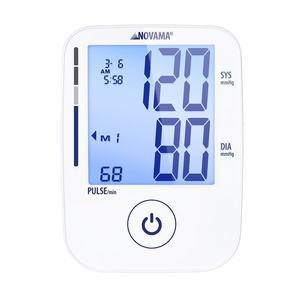 NOVAMA Tensiometru electronic de brat Prime+ White masurare in timpul umflarii mansetei detectarea aritmiei memorie 2x100 masuratori manseta reglabila 22-42 cm alimentator USB inclus