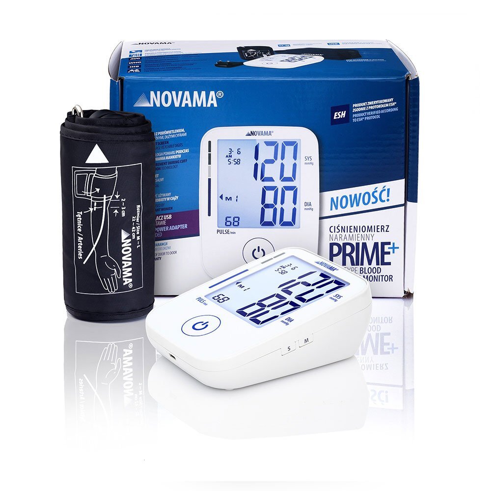 NOVAMA Tensiometru electronic de brat Prime+ White masurare in timpul umflarii mansetei detectarea aritmiei memorie 2x100 masuratori manseta reglabila 22-42 cm alimentator USB inclus