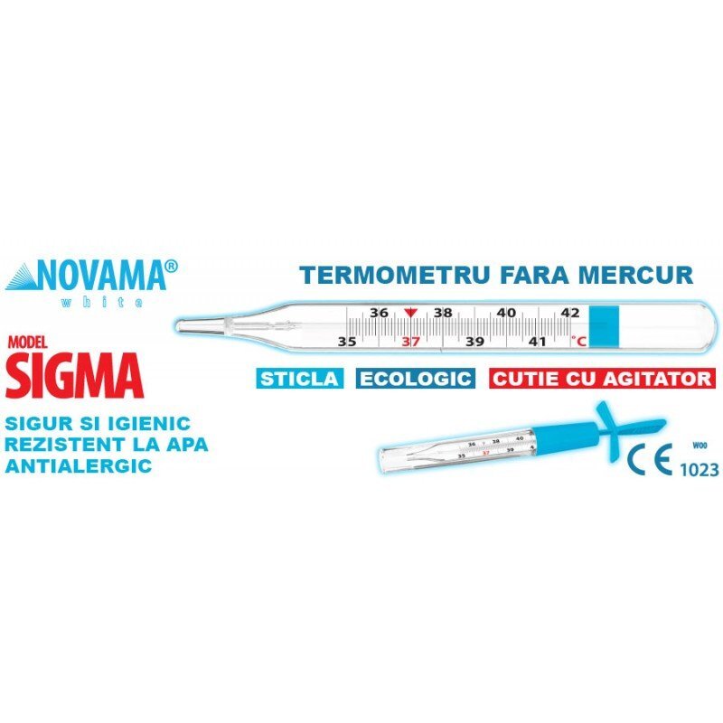 NOVAMA Termometru clasic din sticla White Sigma ecologic cu Galinstan fara mercur fara baterii cu agitator