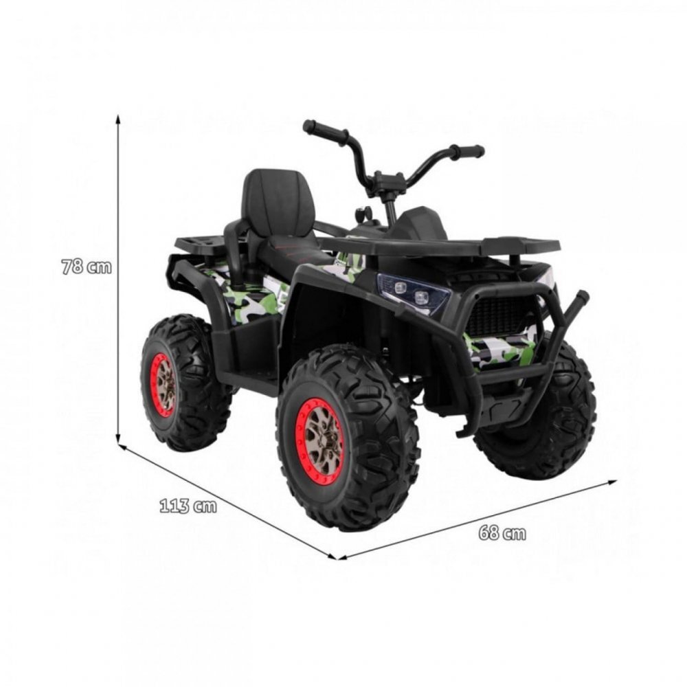 Novokids ATV electric pentru copii Desert Rider Camuflaj cu acumulator Faruri luminoase Roti din Cauciuc EVA 3-12 ani maxim 50 kg 2 Baterii de 12V Mp3USB 2 Viteze Lungime 111 cm Model Offroad
