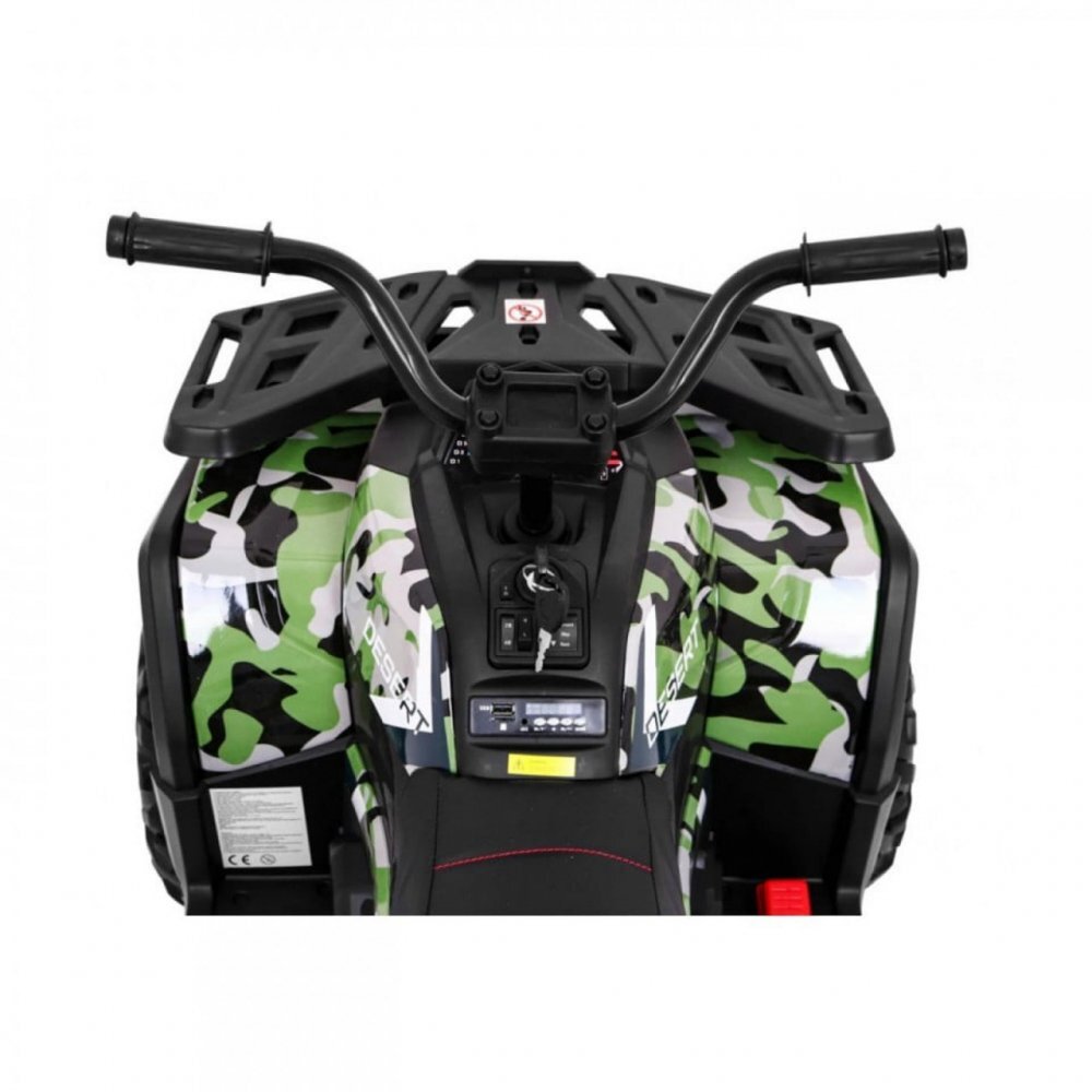 Novokids ATV electric pentru copii Desert Rider Camuflaj cu acumulator Faruri luminoase Roti din Cauciuc EVA 3-12 ani maxim 50 kg 2 Baterii de 12V Mp3USB 2 Viteze Lungime 111 cm Model Offroad