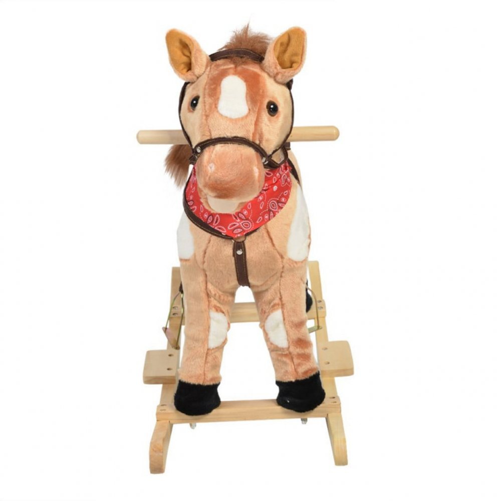 Novokids Balansoar din plus cu melodii Horsee Dulcineea XXL multifunctional platforma din lemn masiv miscare a cozii si gurii calutului dimensiuni 70x32x59 cm max 50 kg model Calut Beige