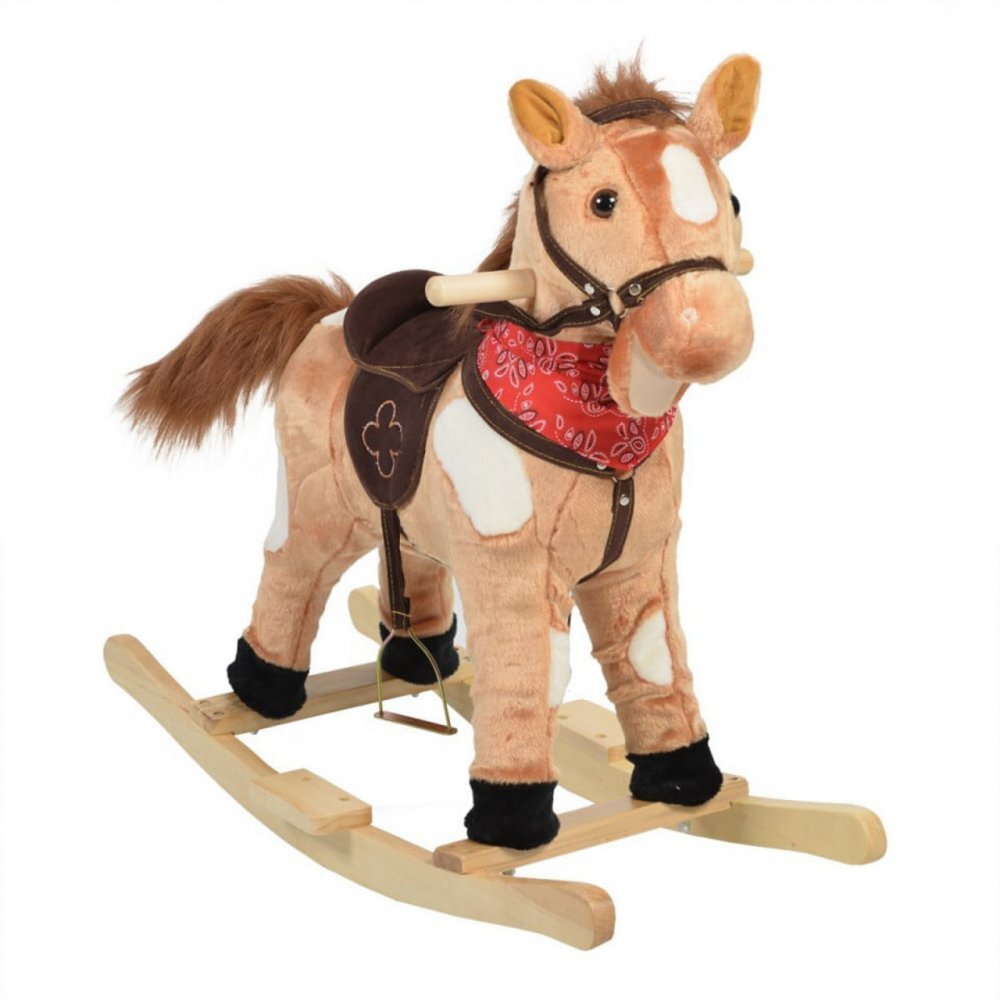 Novokids Balansoar din plus cu melodii Horsee Dulcineea XXL multifunctional platforma din lemn masiv miscare a cozii si gurii calutului dimensiuni 70x32x59 cm max 50 kg model Calut Beige